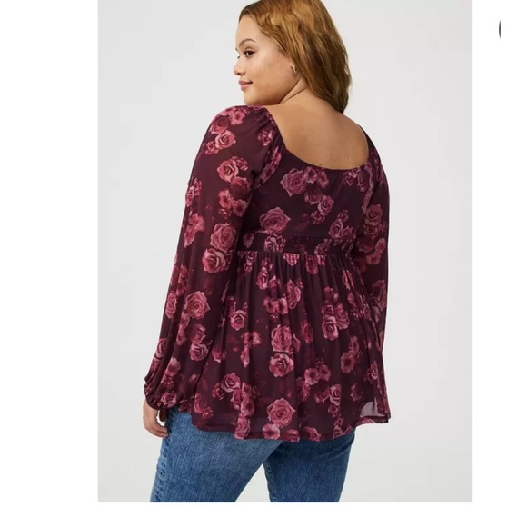 Torrid Fading Roses Floral Winetasting Babydoll with Long Mesh Sleeves Top 3X - Picture 5 of 8